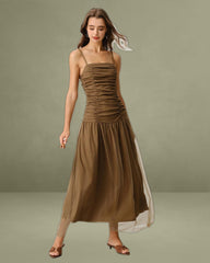 Brown Ruched Mesh Slip Maxi Dress