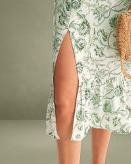 Green Floral Square Neck Midi Dress