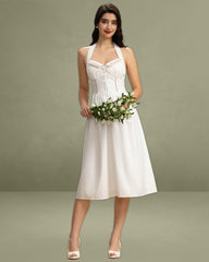 White Embroidery A-Line Halter Midi Dress