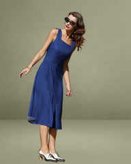 Blue Square Neck Pleated Sleeveless Midi Dress