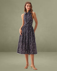 Black Floral Shirred Backless Midi Dress