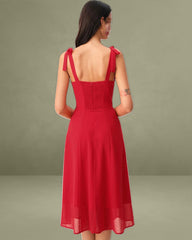 Red Sweetheart Neck Tie Strap Midi Dress