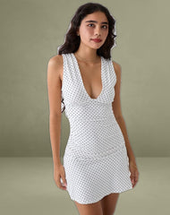 Luscian Plunge Mini Dress in White with Micro Polka Black