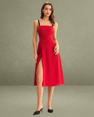 Red Contrast Slit Slip Midi Dress