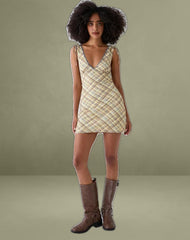 Carmila Gathered Mini Dress in Check Yellow