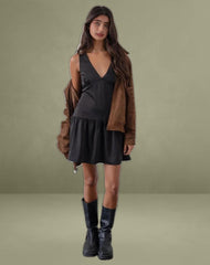 Distia Plunge Puff Mini Dress in Black