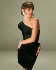 The Black One Shoulder Lurex Velvet Mini Dress