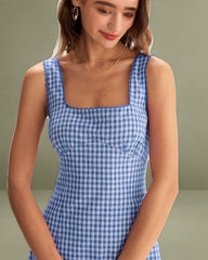 Blue Plaid Square Neck Slip Mini Dress