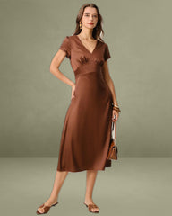 Brown V Neck Cap Sleeve Midi Dress