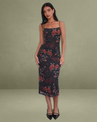 Nori Midi Dress in Watercolour Rose Black