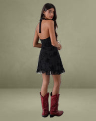 Motya Halterneck Mini Dress in Floral Rose Flocked Black