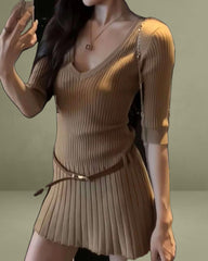 Khaki V Neck A-Line Sweater Dress