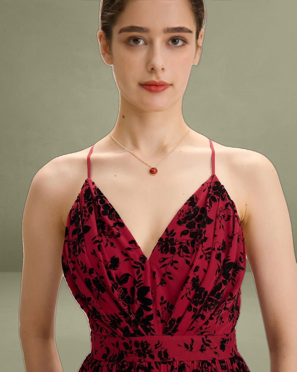 Red Floral Flocked Mesh Slit Long Dress