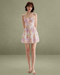 Pink Floral Sweetheart Neck Slip Mini Dress