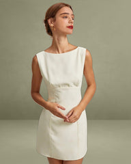 The Beige Boat Neck Back Bowknot Mini Dress