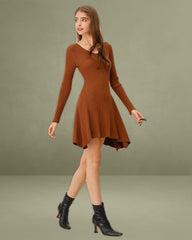 Caramel A-Line Pleated Sweater Dress