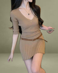 Khaki V Neck A-Line Sweater Dress