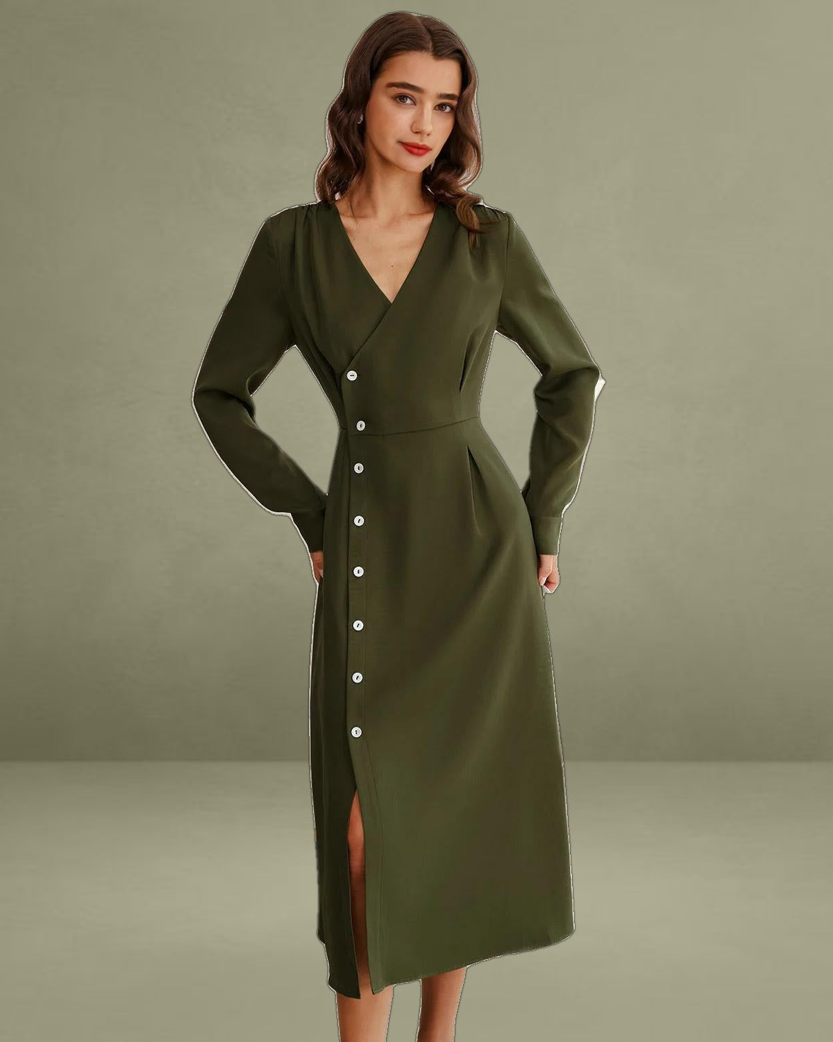 Green Ruched Button A-Line Maxi Dress