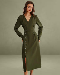 Green Ruched Button A-Line Maxi Dress