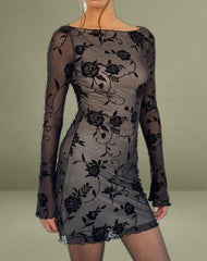 Sevila Long Sleeve Mini Dress in Black Rose Flock