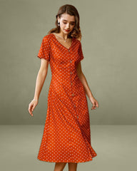 Red Polka Dot Button Midi Dress