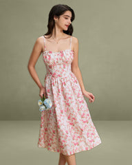 Pink Floral Sweetheart Neck Shirred Slip Midi Dress