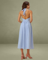 Blue Striped Twist Backless Midi Dress