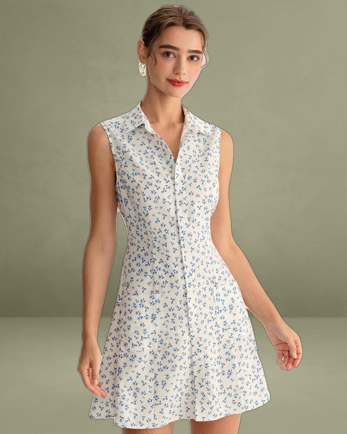 Blue Floral Pocket Sleeveless Mini Dress