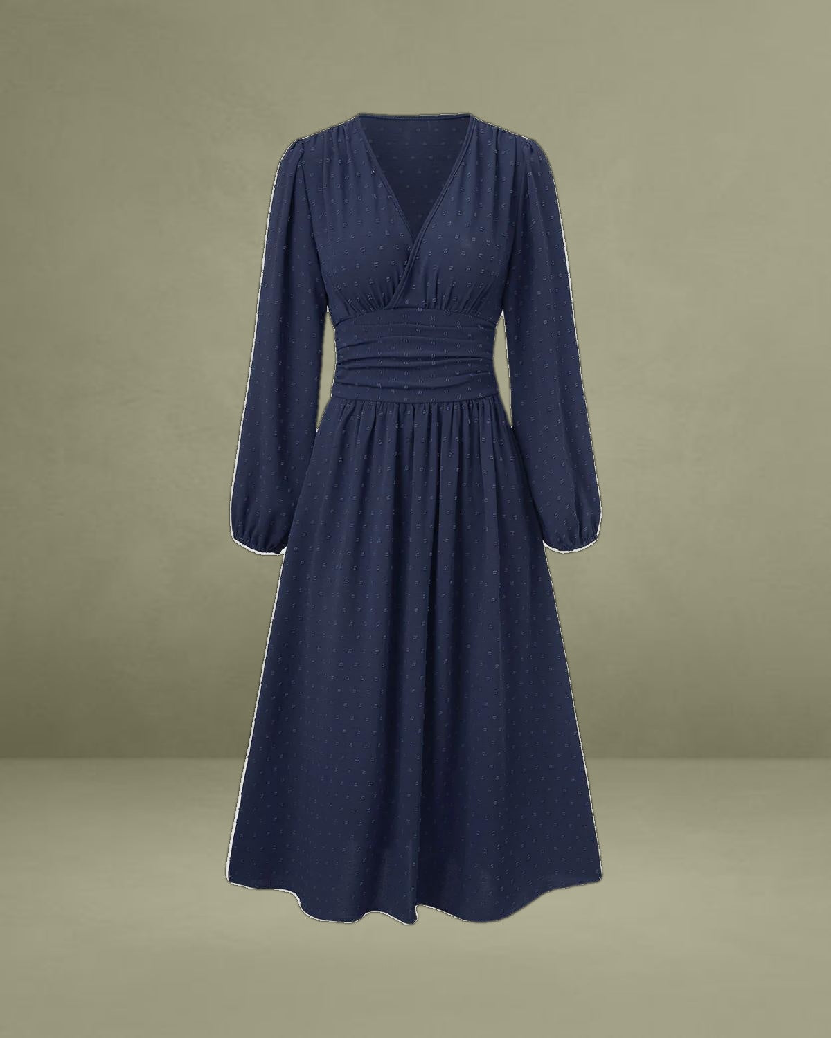 Navy Polka Dot Shirred Midi Dress