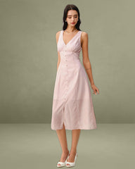 Pink Striped V Neck Sleeveless Midi Dress