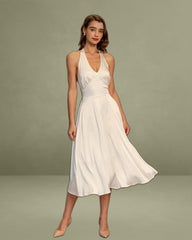 Apricot Halter Backless Satin Midi Dress