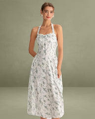 Green Floral Ruched Lace Halter Midi Dress