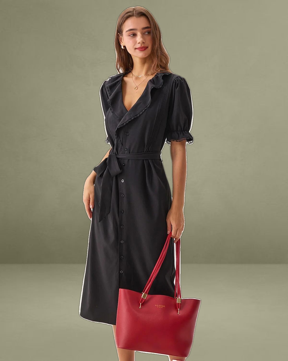 Black Ruffle Belted Maxi Dress