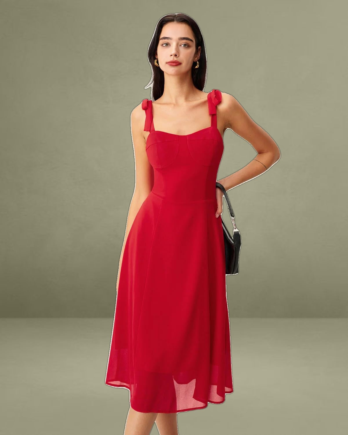 Red Sweetheart Neck Tie Strap Midi Dress