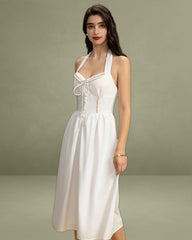 White Embroidery A-Line Halter Midi Dress