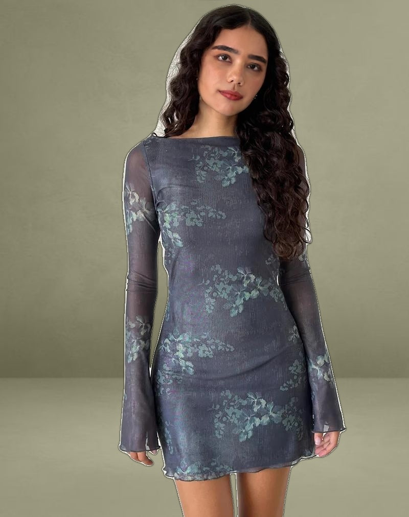 Sevila Long Sleeve Mini Dress in Faded Botanical Green