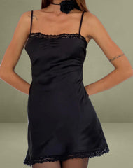 Larna Lace Trim Satin Mini Dress in Black