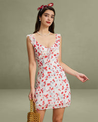 White Floral V Neck Ruffle Mini Dress