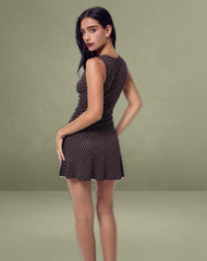 Luscian Plunge Mini Dress in Micro Polka Brown
