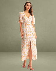 Orange Floral V-Neck Puffed Sleeve Maxi Dress