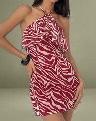 Beyza Halter Mini Dress in Zebra Print Red