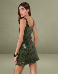 Lalaurie Scoop Neck Mini Dress in Mixed Drape Sequin Khaki