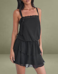 Wasinah Mini Dress in Black Chiffon with Lace Trim