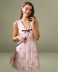 Pink Floral Bowknot Sleeveless Mini Dress