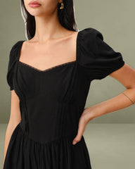 Black Sweetheart Neck Puffed Sleeve Mini Dress