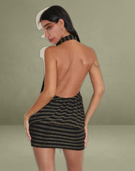 Daphnis Backless Halterneck Mini Dress in Lurex Gold Stripe