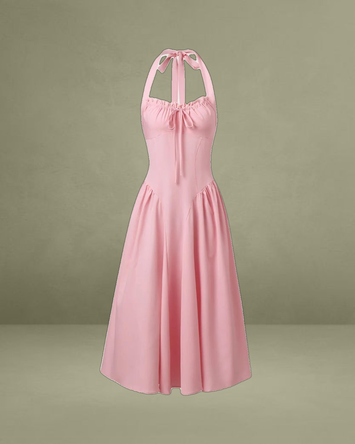 Pink Ruched Halter Midi Dress