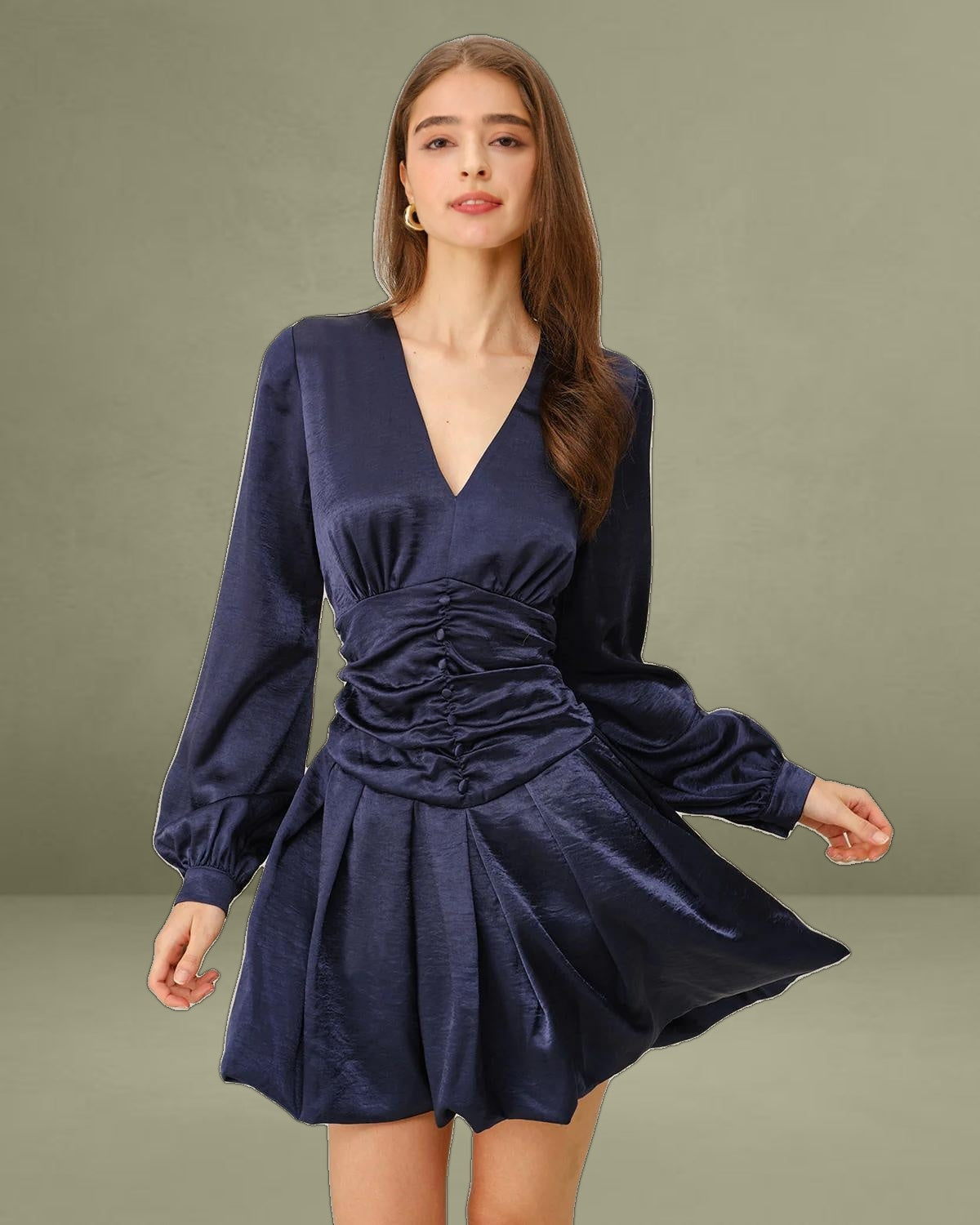 Navy Ruched A-Line Mini Dress