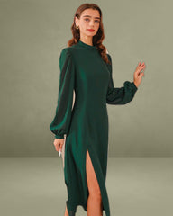 Green Chiffon Mock Neck A-Line Midi Dress