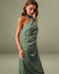 Green Satin One Shoulder Maxi Dress